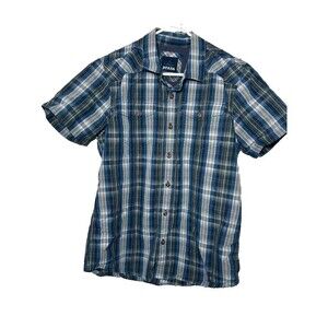 Prana Plaid Button Down Shirt Men's Medium Blue Short Sleeves Outdoor Pockets